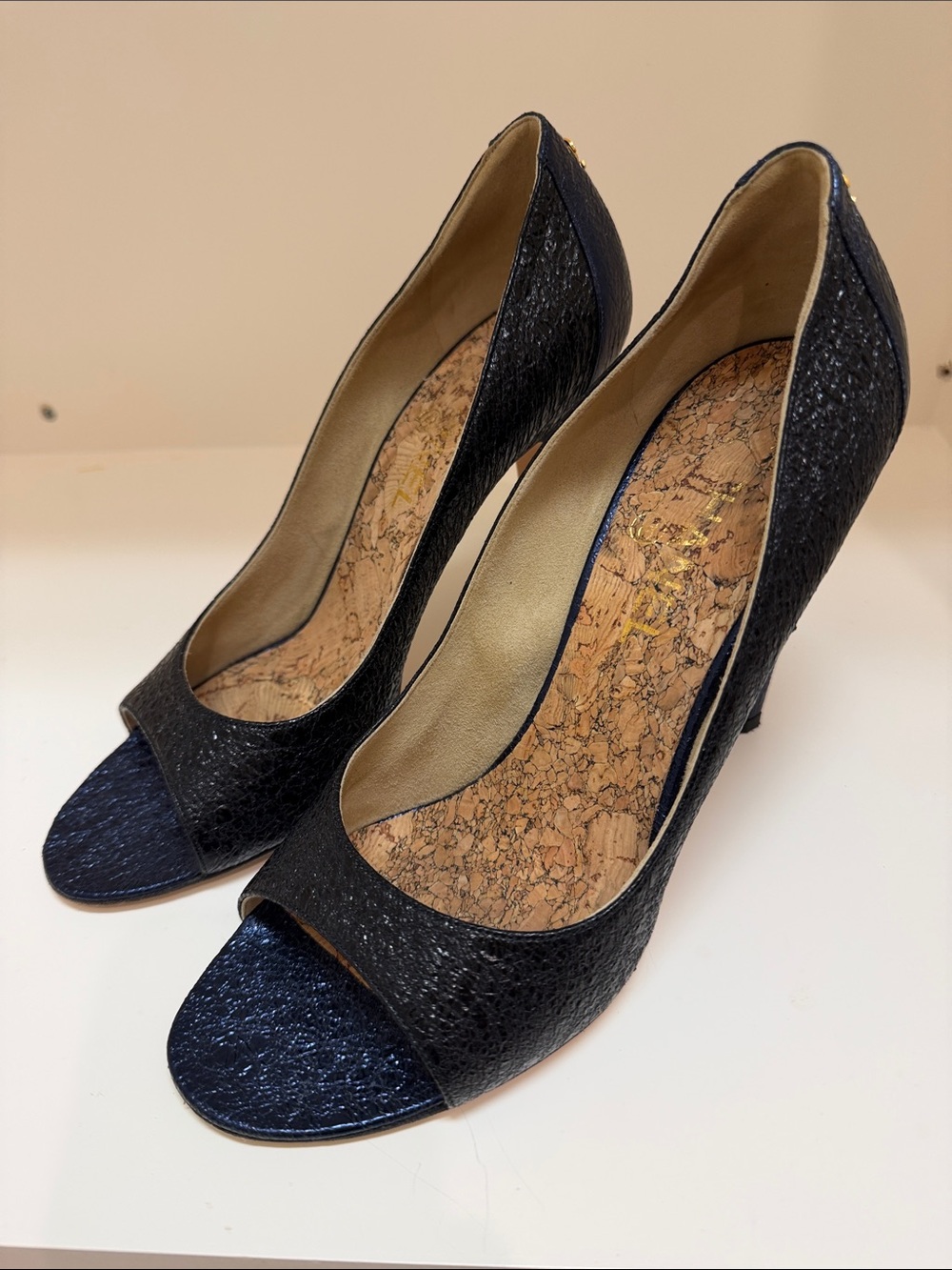 CHANEL Black/Blue Crackled Leather Open Toe Pumps Size 40.5